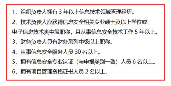 信息安全運維服務資質二級認證人員要求清單，共6點