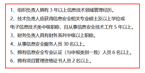 信息安全運維服務資質二級認證人員要求清單，共6點